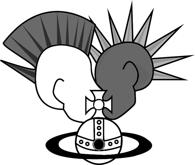 A greyscale vector illustration of two punk figures kissing behind a Vivienne Westwood orb.