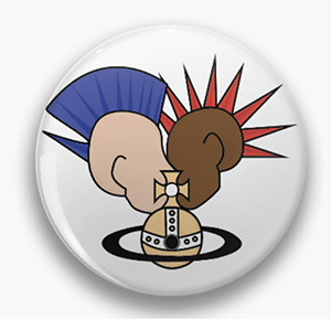 A vector illustration of two punk figures kissing behind a Vivienne Westwood orb. They're displayed on a lapel pin/button.