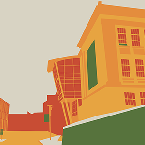 A vector illustration of buildings on the USF campus.