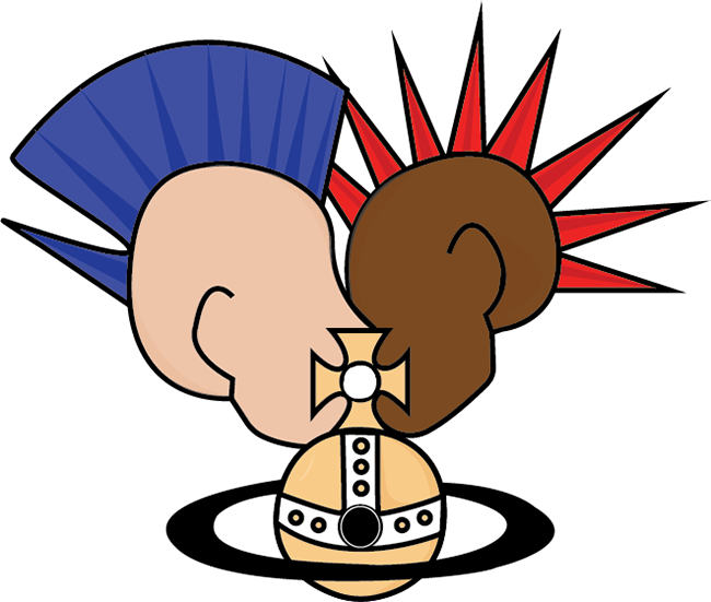 A vector illustration of two punk figures kissing behind a Vivienne Westwood orb.