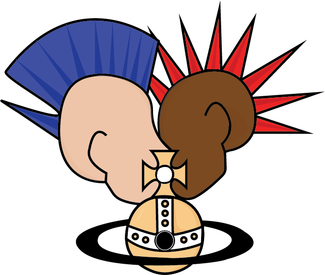 A color vector illustration of two punks kissing behind a Vivian Westwood orb.