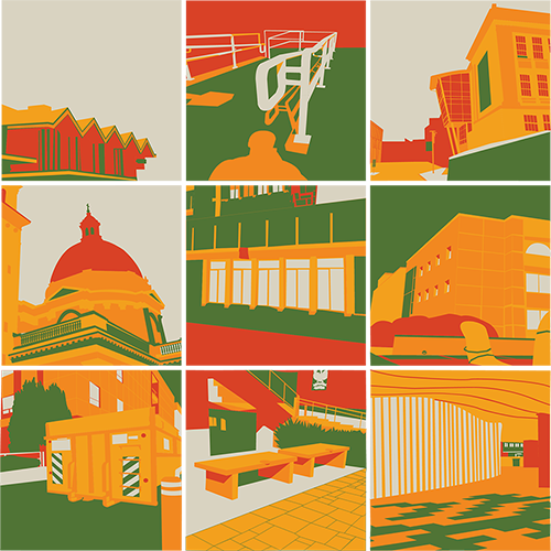 A color vector illustration of architecture around the University of San Francisco campus.