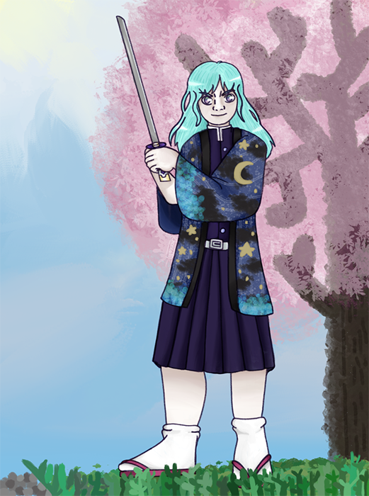 A digital illustration of a woman with blue hair holding a sword.