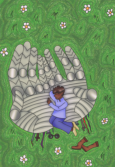 A digital illustration of a man with medieval clothing sleeping on large robot hands.