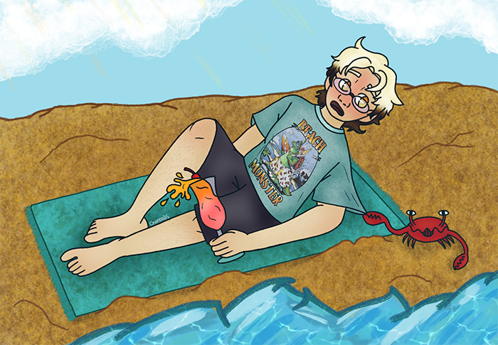 A digital illustration of a blonde man at the beach being pinched by a crab.