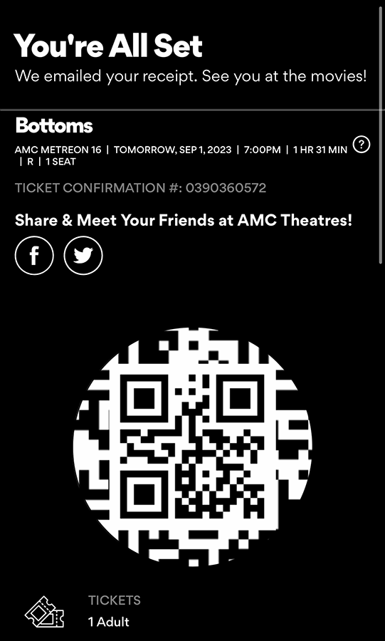 A digital movie ticket for the movie Bottoms.