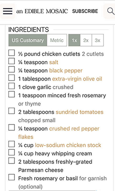 The ingredients list for a dish called F-Me Chicken.