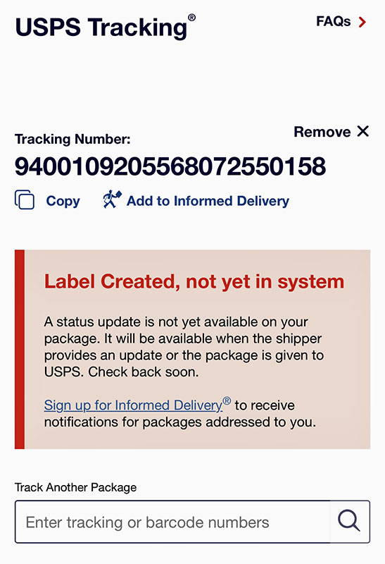 A USPS tracking number on their website.