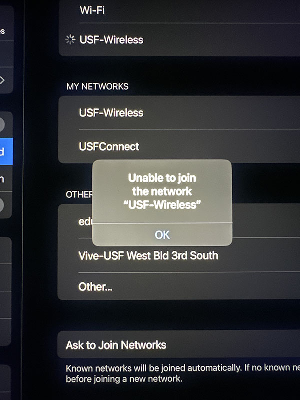 An image of an iPad refusing to connect to the USF wifi.