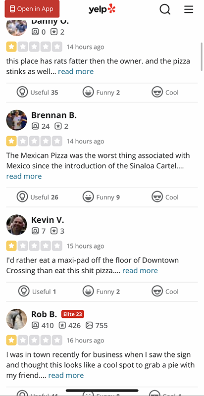 Negative Yelp reviews for a pizza place.